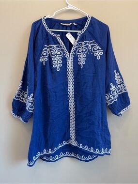 NEW TAGS- Soft Surroundings gauzy cotton embroidered tunic MEDIUM summer spring